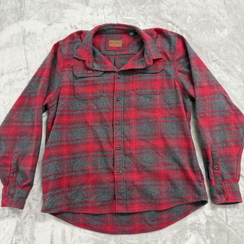 Orvis Big Bear Heavyweight Flannel Shirt Jacket Men's XL Red Gray Plaid Pockets
